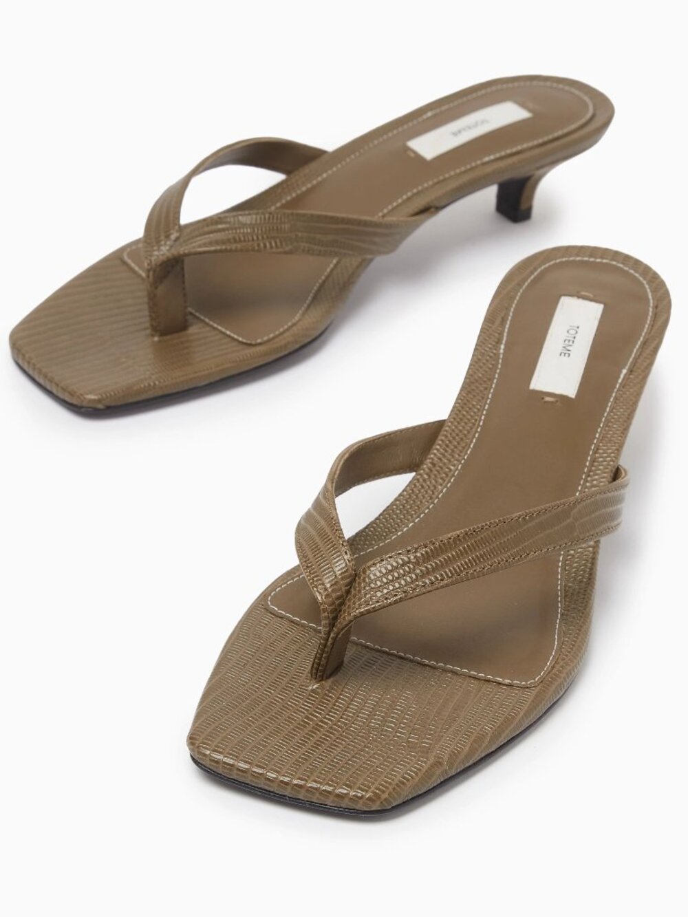 TOTEME Kitten Heel Flip Flop Thong Sandals EU 38 8 Olive Lizard Leather NEW $520